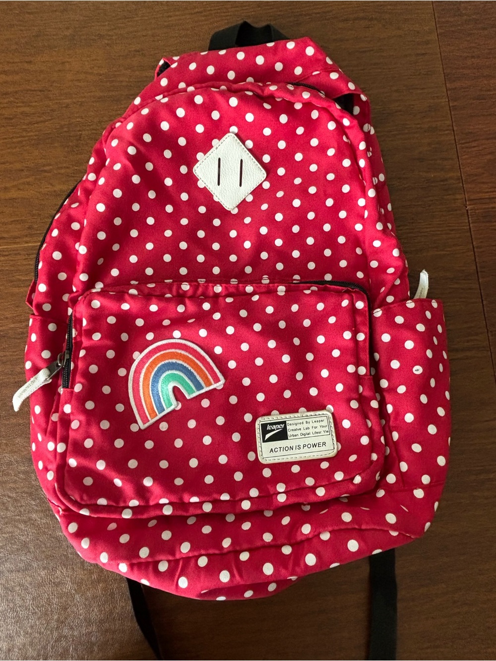 🌸 5/$25 🌸 - Kids Red and White Polka Dot Backpack with Rainbow Patch